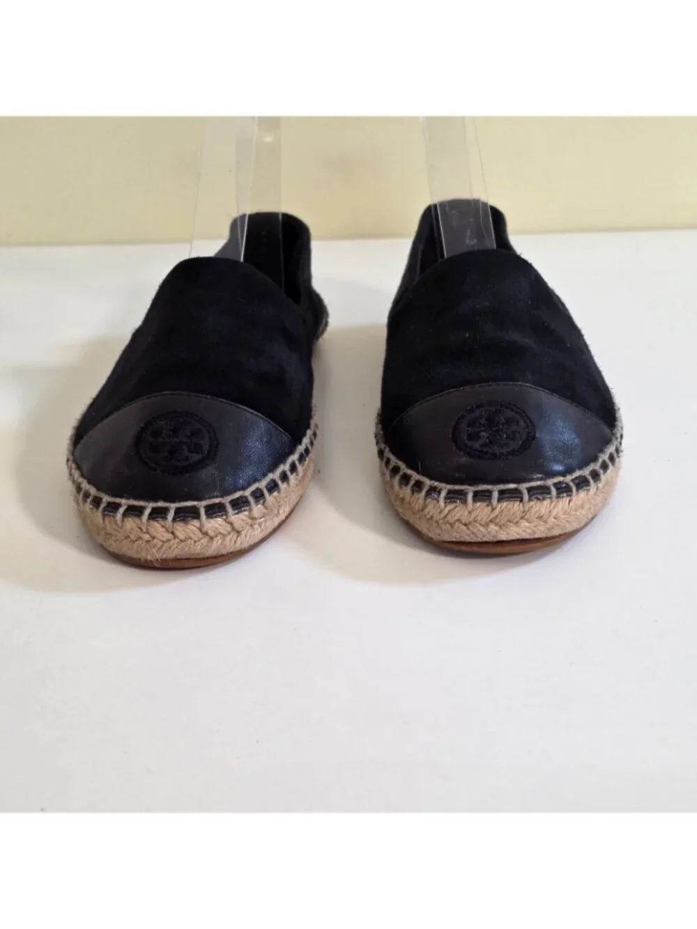 Tory Burch Espadrille Flats Shoes Women 8M Black Suede Leather Cap Toe Double T